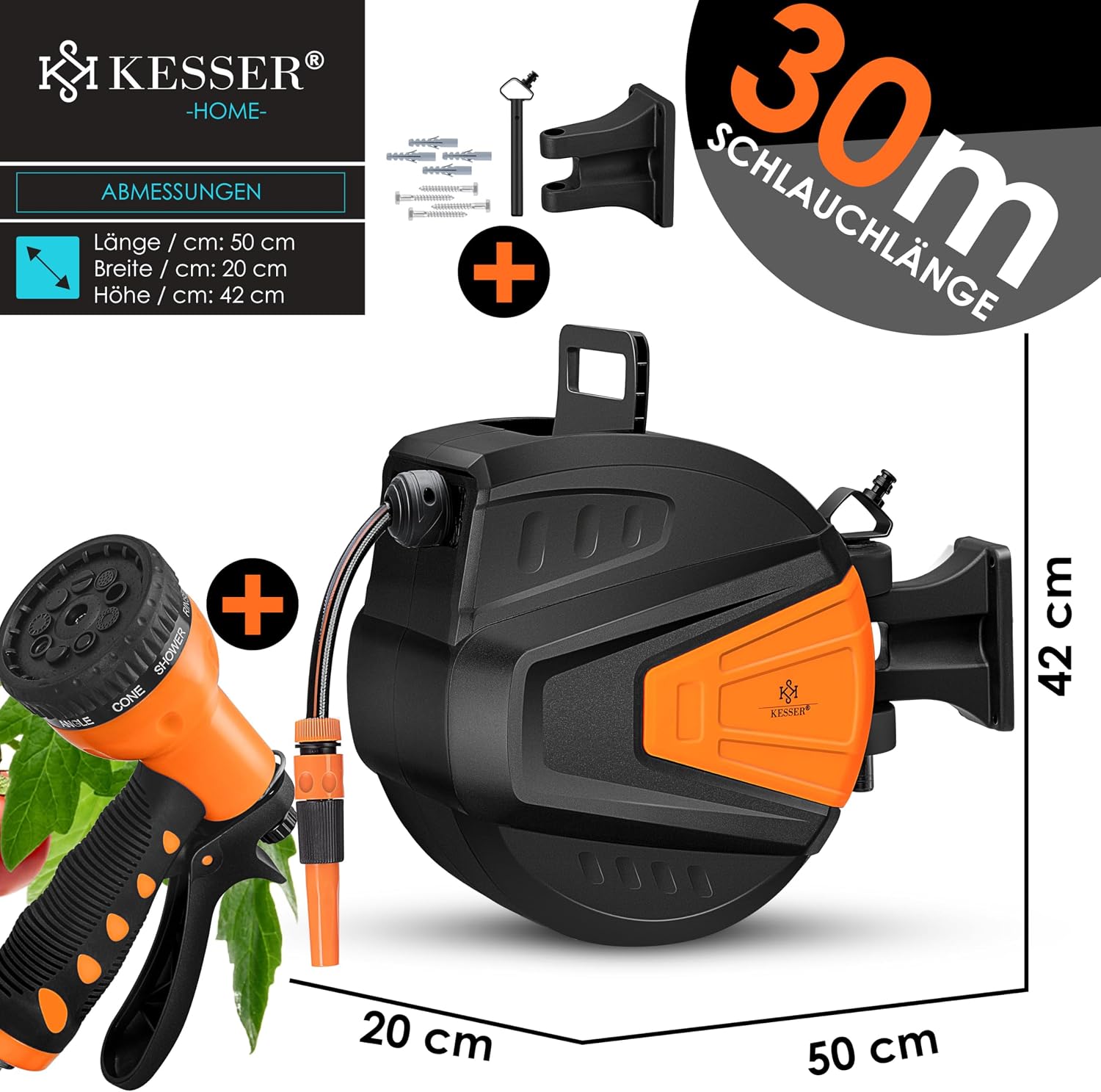 Thumbnail 6 de KESSER® automatische Schlauchtrommel 30 m + 2 m – Wandbox mit Aufrollautomatik, 9‑Funktionen Handbrause