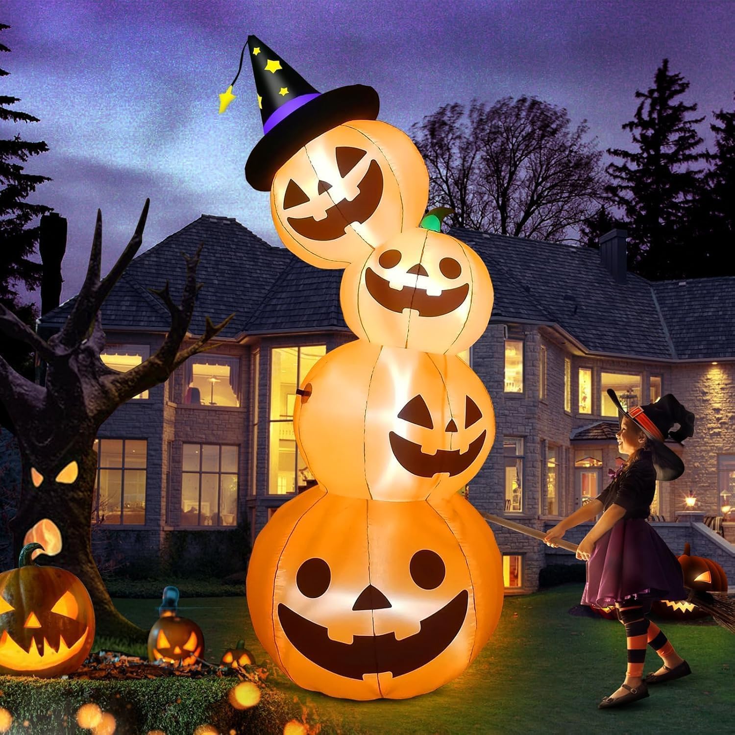 Detalle de Kalolary B09J25F4JL 8-Foot Inflatable Stacked Pumpkins with White LEDs
