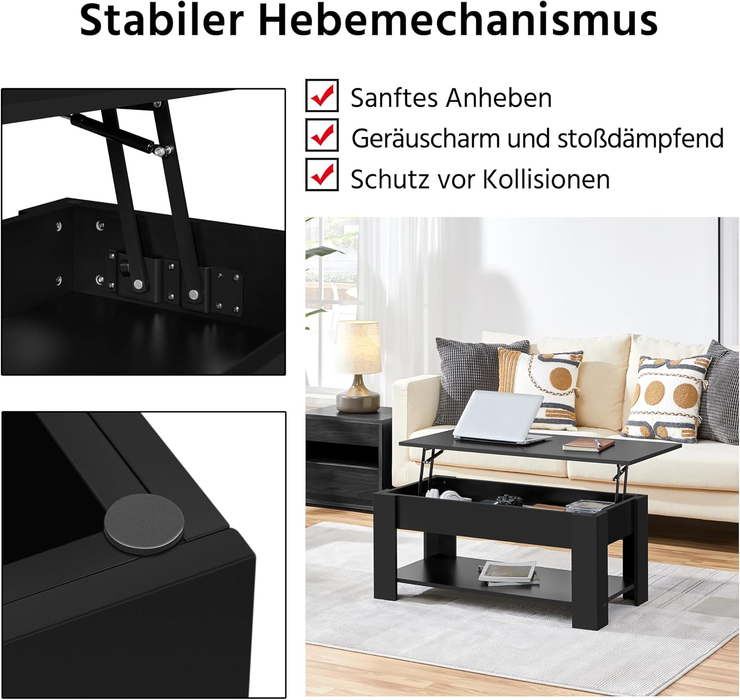 Detalle 2 de Yaheetech 614136/613274 verstelbare salontafel met opbergruimte, zwart