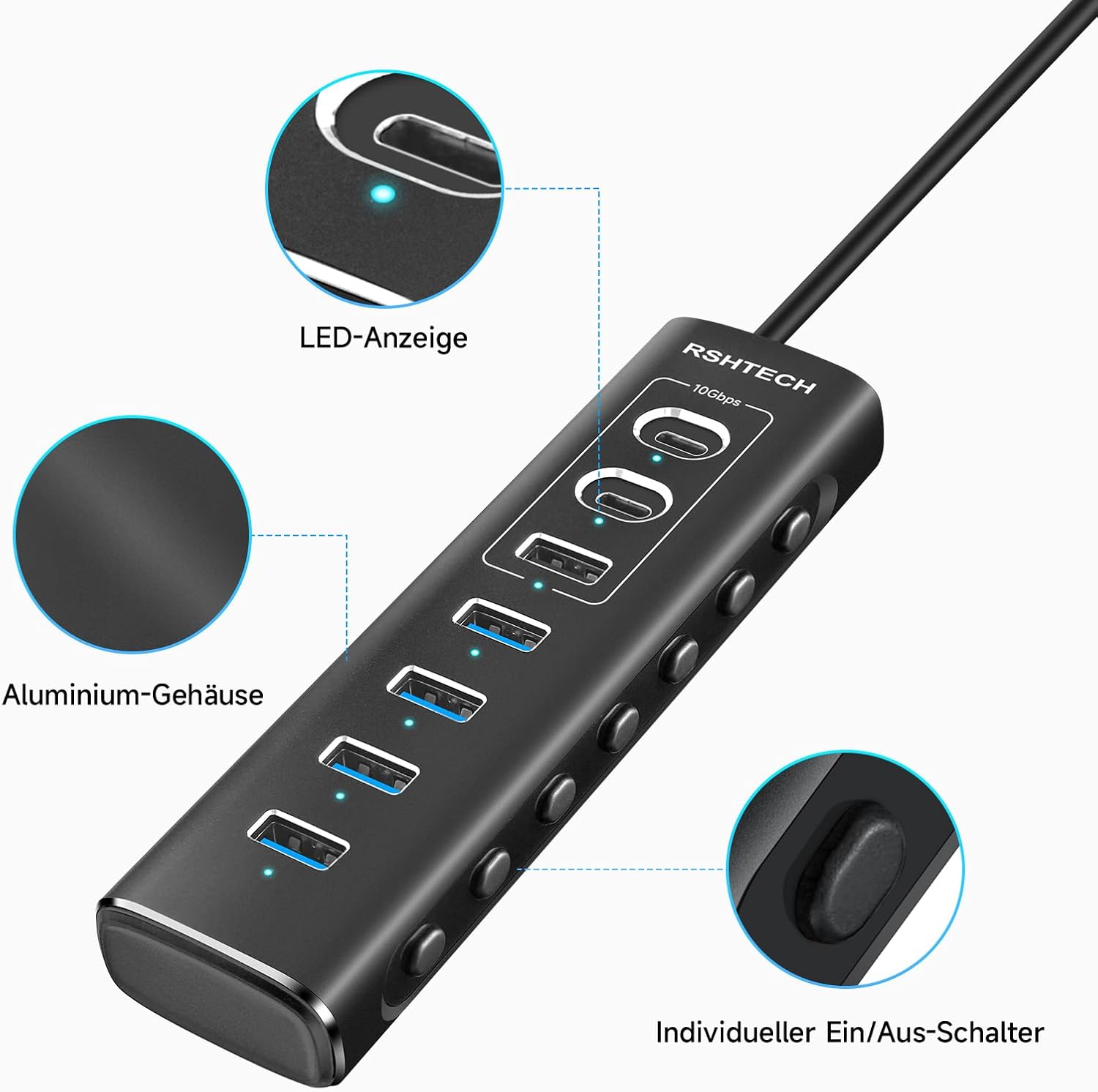Thumbnail 5 de RSHTECH RSH-A107C 7‑Port USB‑C Hub mit Netzteil 🔌