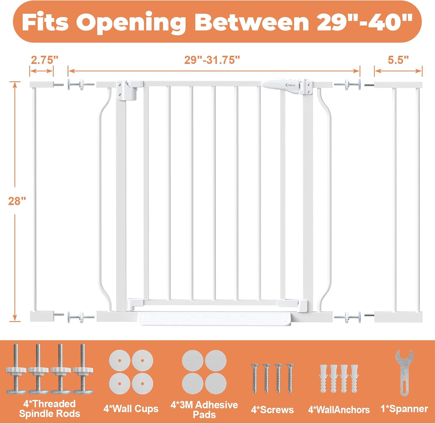 Detalle de Cideny Baby Gate No Drilling: 29"–40" Indoor Dog Gate for Stairs & Doorways