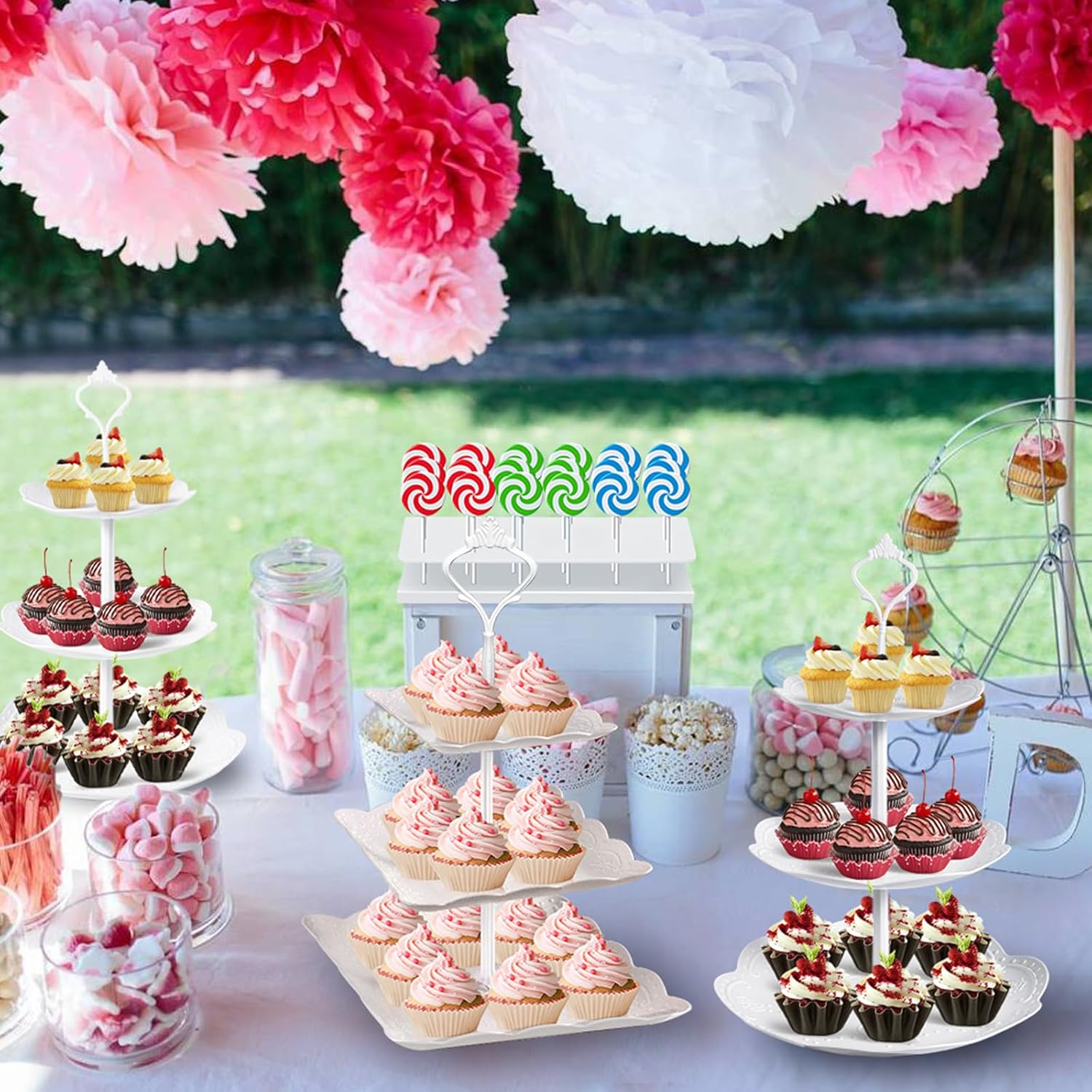 Thumbnail 2 de Mwellewm 10-Piece Tiered Cupcake Stand Set (4 White 3-Tier Cake Stands + Serving Trays)