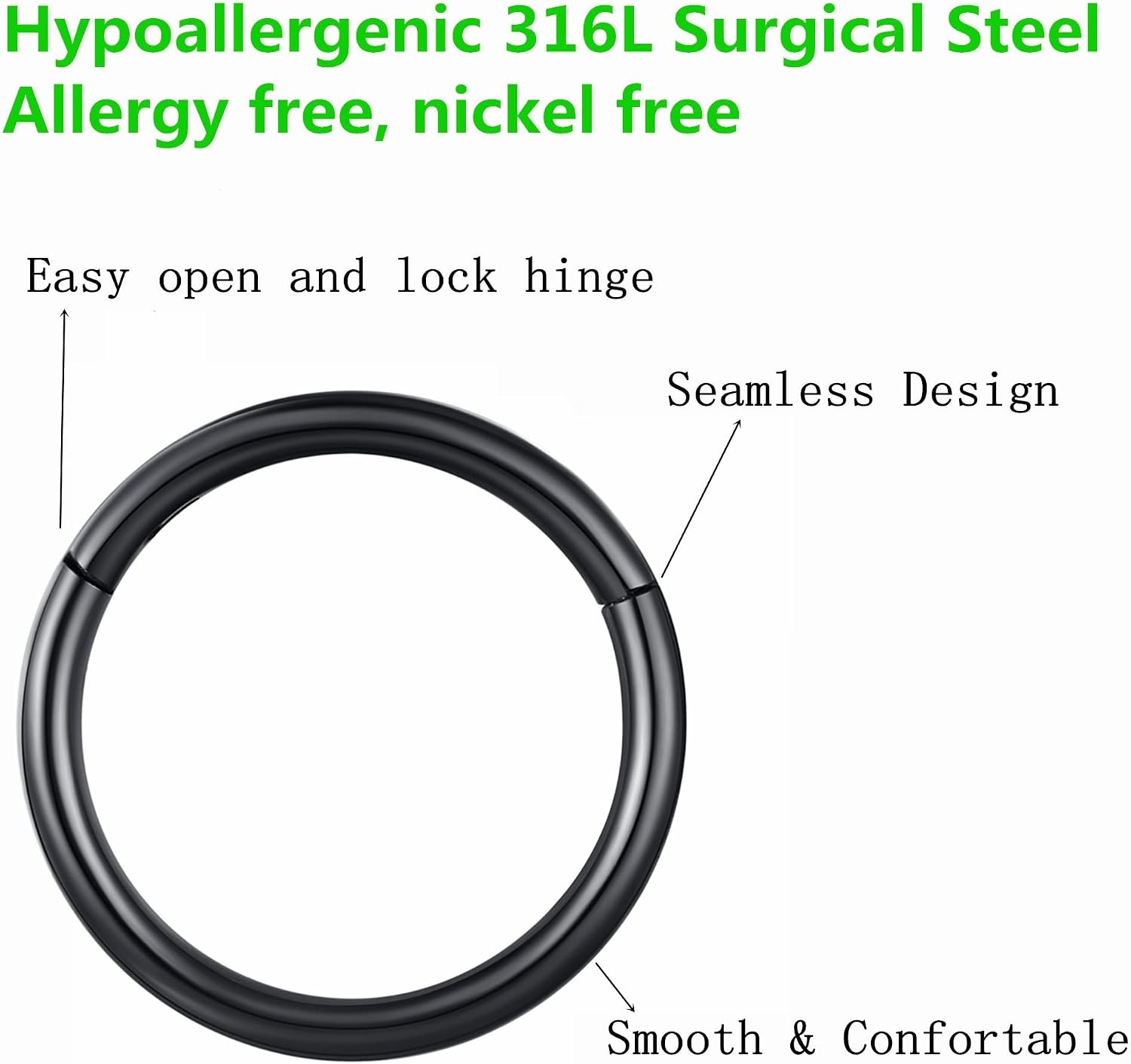 Detalle 2 de BLESSMYLOVE Nasenring Hoop aus 316L-Chirurgenstahl – Clicker-/Klapp-Segmentring, 0,8 mm Stegstärke, schwarz