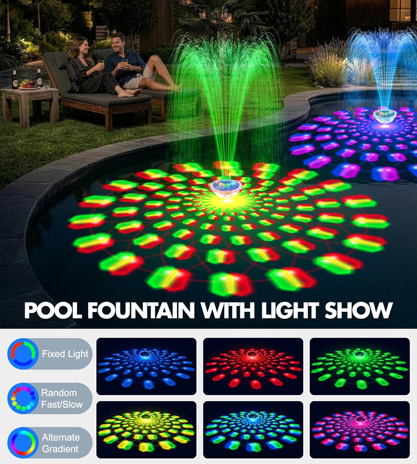 Detalle 2 de LanBlu Fontaine Flottantepour Piscine avec Spectacle Lumineux et Ancre – 8000 mAh, 130 cm de jet