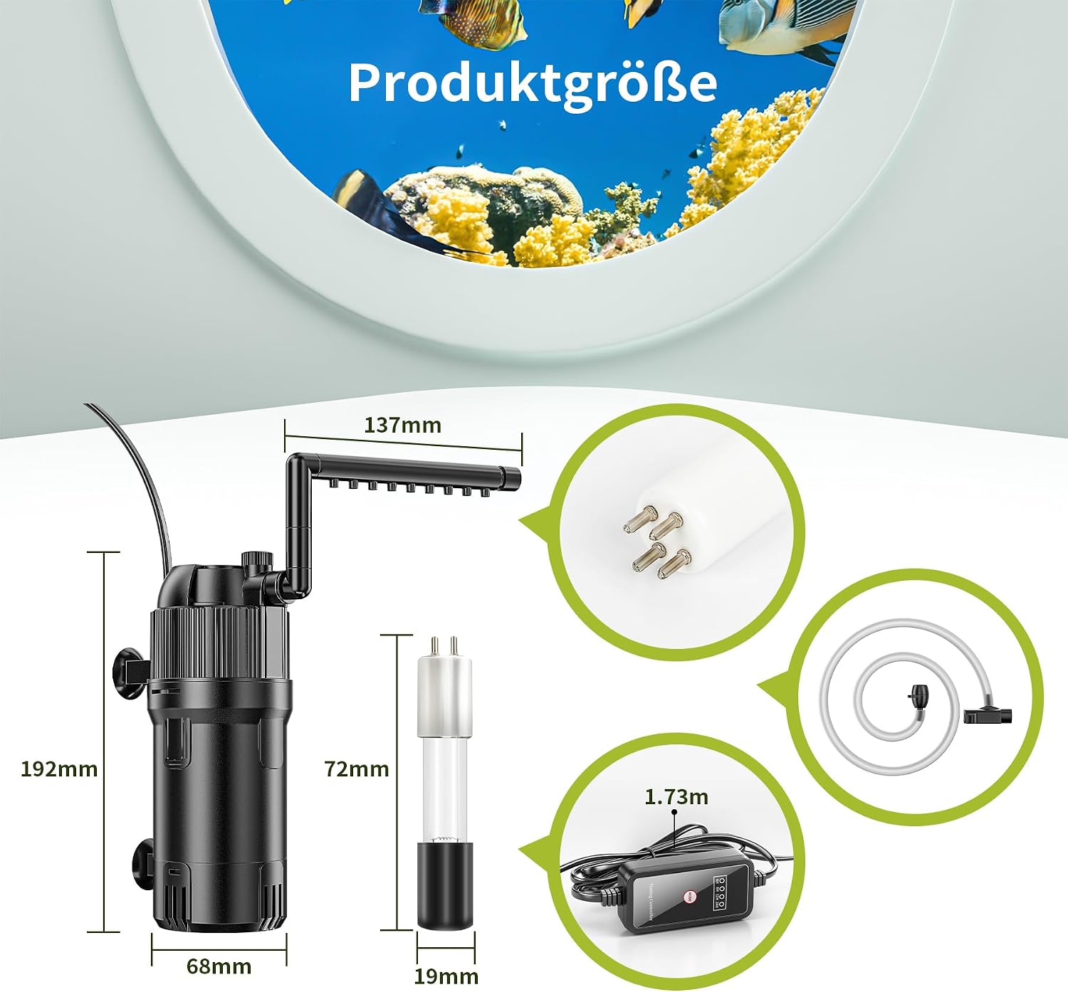 Detalle de Forever Speed 5-in-1 Innenfilter mit UV 3W – inkl. Durchflussregler, Regenbrause & 180° Auslass für 40–120 L-Aquarien
