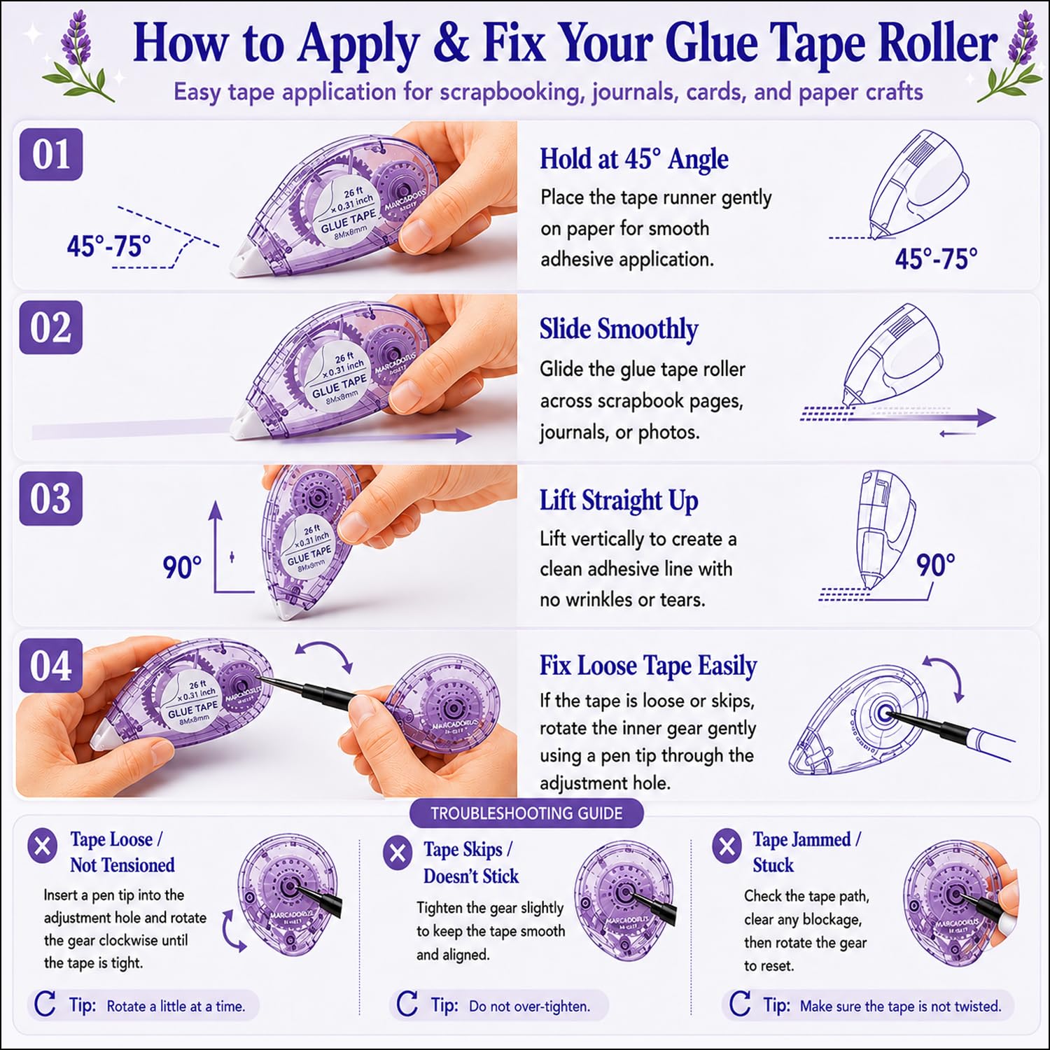 Detalle de MARCADORUS Glue Tape Roller for Scrapbooking – Double-Sided Adhesive, 106 Ft