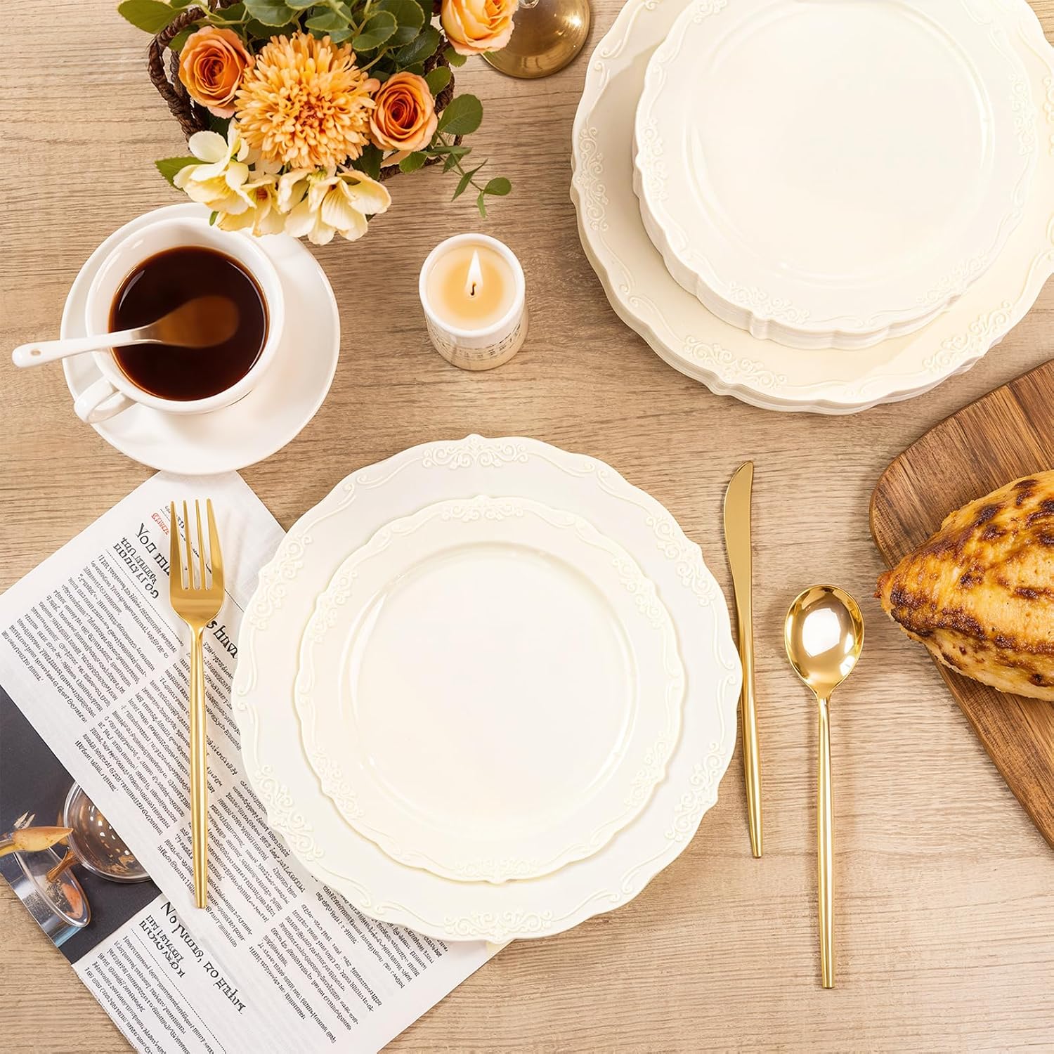 Thumbnail 3 de U-QE 100 Pieces Ivory Plastic Plates for Party – Heavy Duty Disposable Dinner & Dessert Plates (50 x 10" + 50 x 7.5")