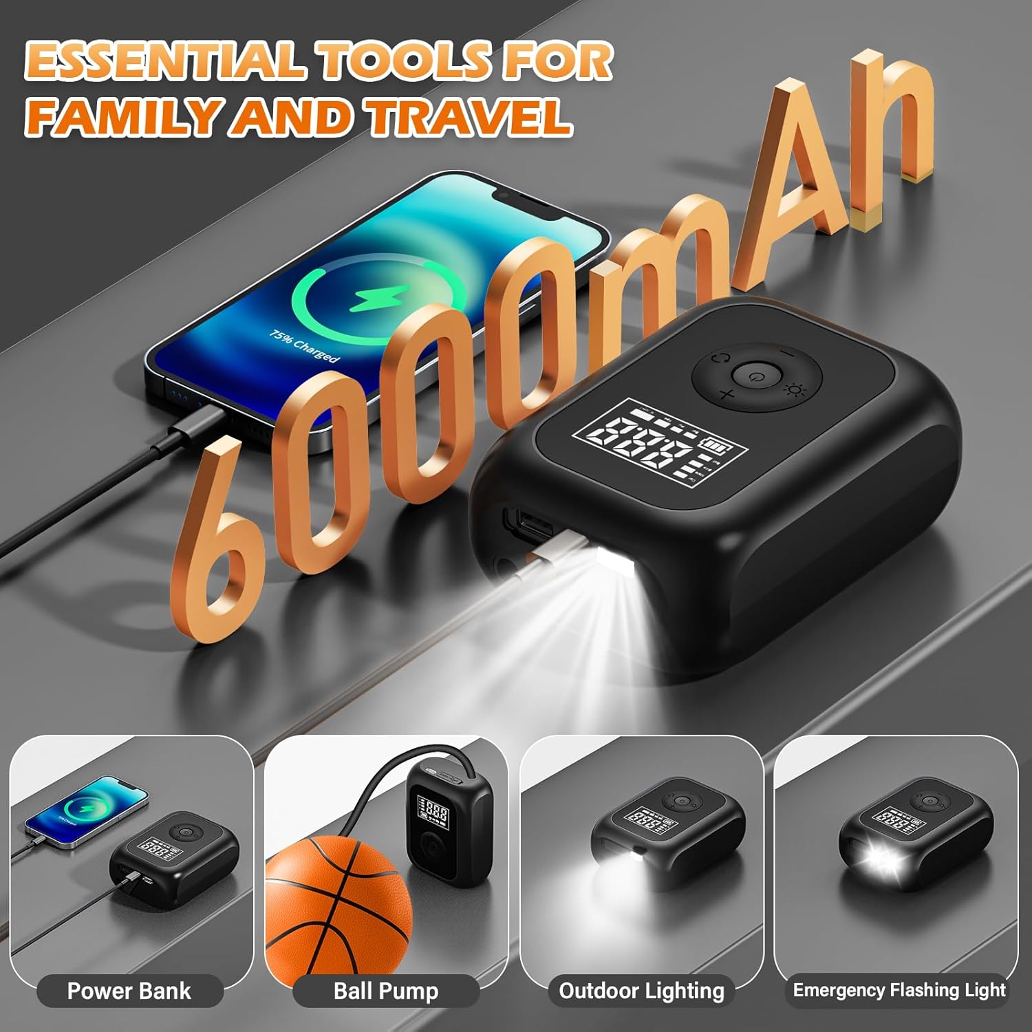 Thumbnail 1 de Elektrische Luftpumpe 6000 mAh – Akku Mini Kompressor für Fahrrad, Motorrad, Auto & Bälle (bis 10,3 bar / 150 PSI)