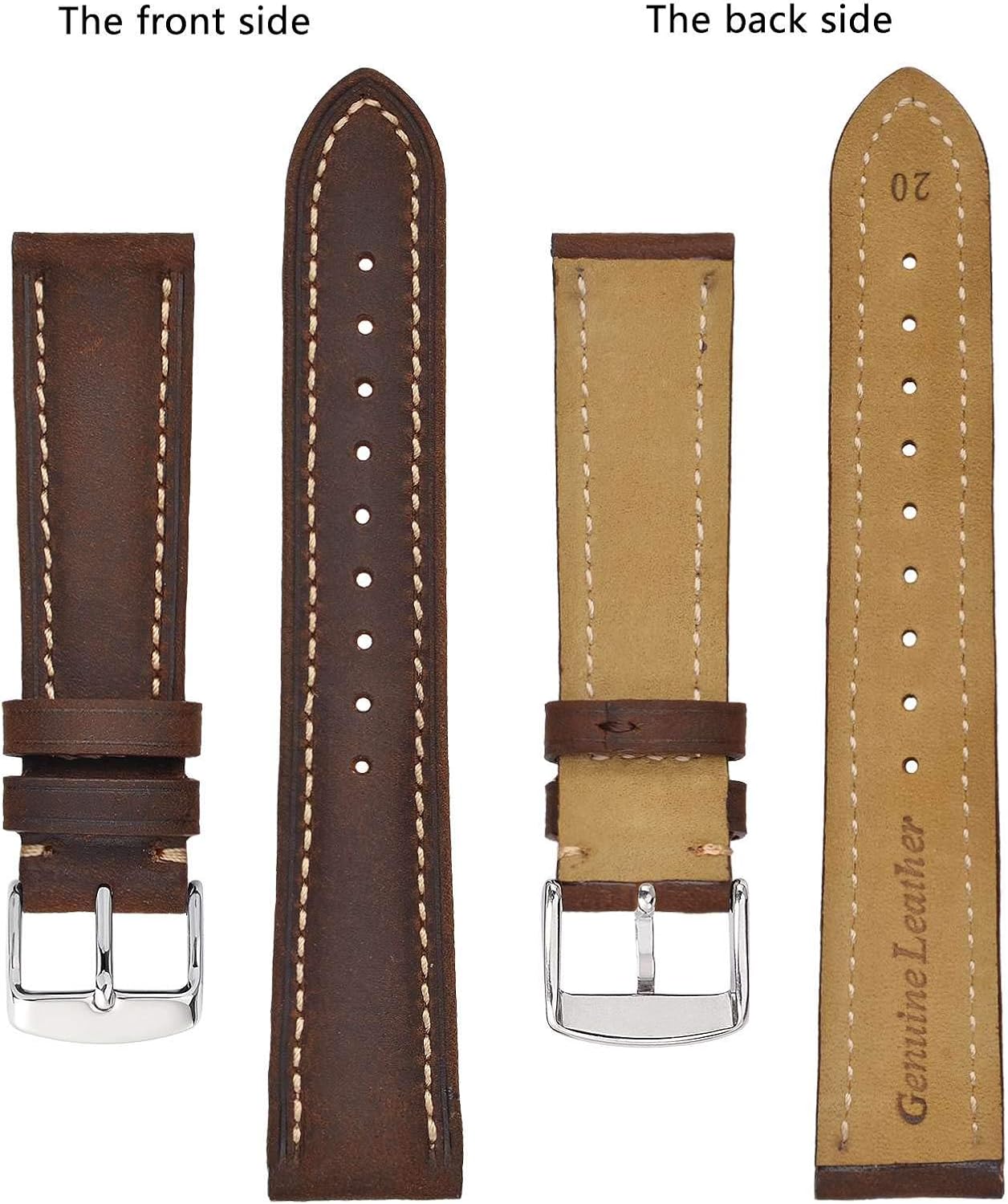 Detalle de BISONSTRAP Uhrenarmband aus Vintage Crazy-horse Leder – Ersatzband mit Edelstahl-Schnalle (14–24 mm)