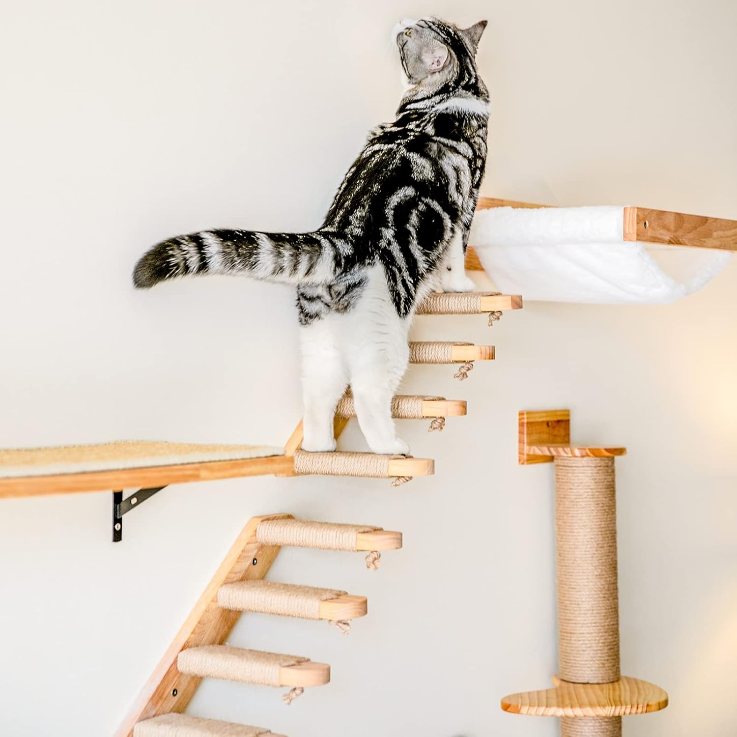 Detalle de FUKUMARU Kletterwand für Katzen – Katzentreppe aus massivem Gummiholz, mit Juteseil (40 cm)