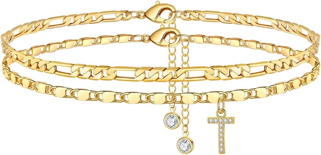 Thumbnail 6 de TINGN Bracelet de cheville femme plaqué or 14 carats avec initiales et chaîne double, taille ajustable