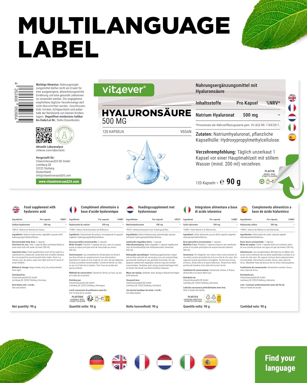 Detalle 2 de vit4ever Hyaluronsäure - 120 Kapseln mit 500 mg Hyaluron für 4 Monate - 500-700 kDa - Aus pflanzlicher Fermentation - Ohne unerwünschte Zusätze, hochdosiert, vegan
vit4ever Hyaluronsäure - 120 Kapseln mit 500 mg…
