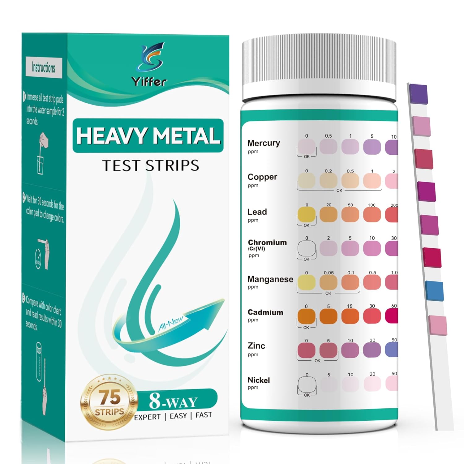 Detalle de Yiffer 8-Parameter Heavy Metals Water Test Strips, 75 Count