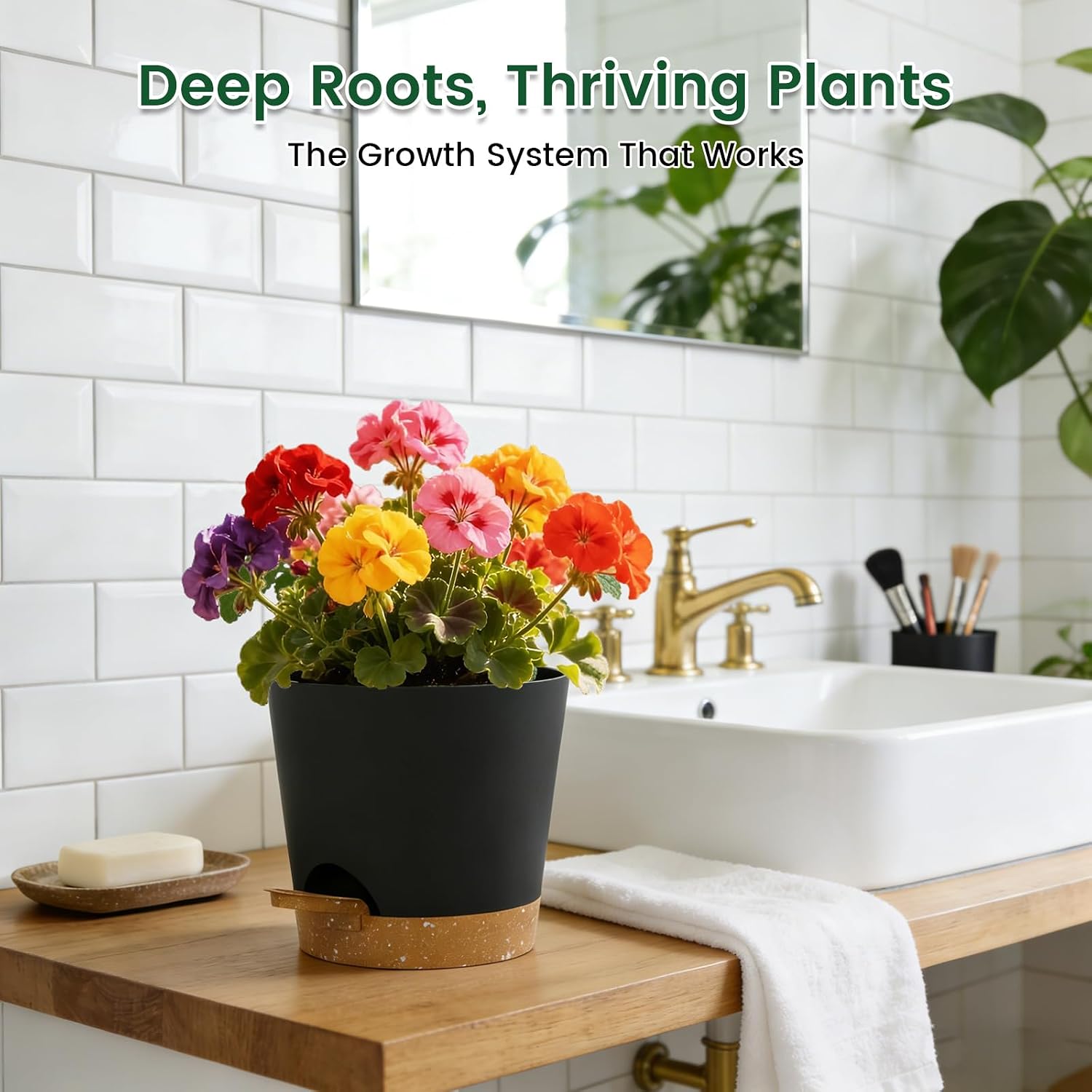 Thumbnail 6 de WSMKSZ 30 cm Large Self Watering Plant Pots – 2 Pack with Drainage Holes & Deep Reservoirs (Cotton Wick) in Black/Brown