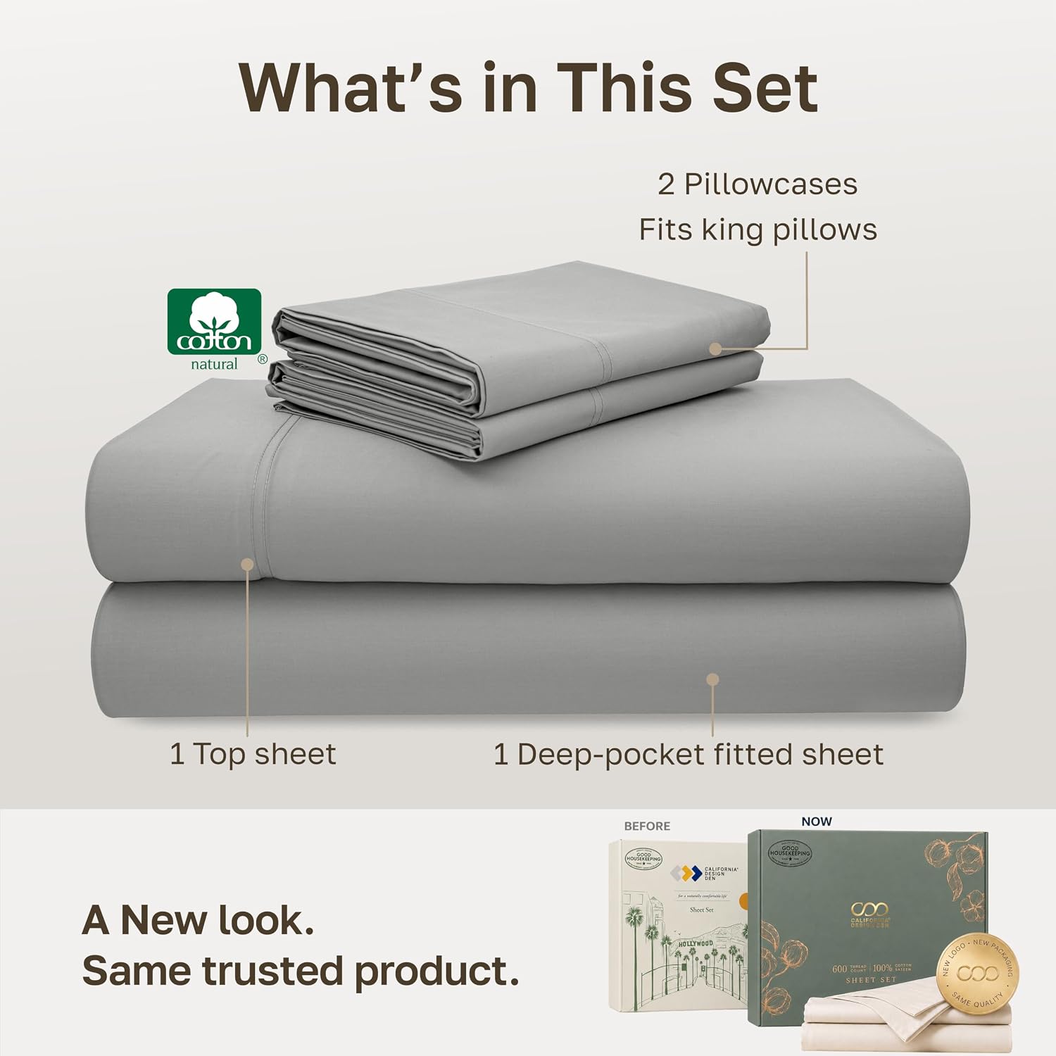 Detalle de California Design Den 840307159694 600-Thread-Count California King Cotton Sateen Sheets, Light Gray