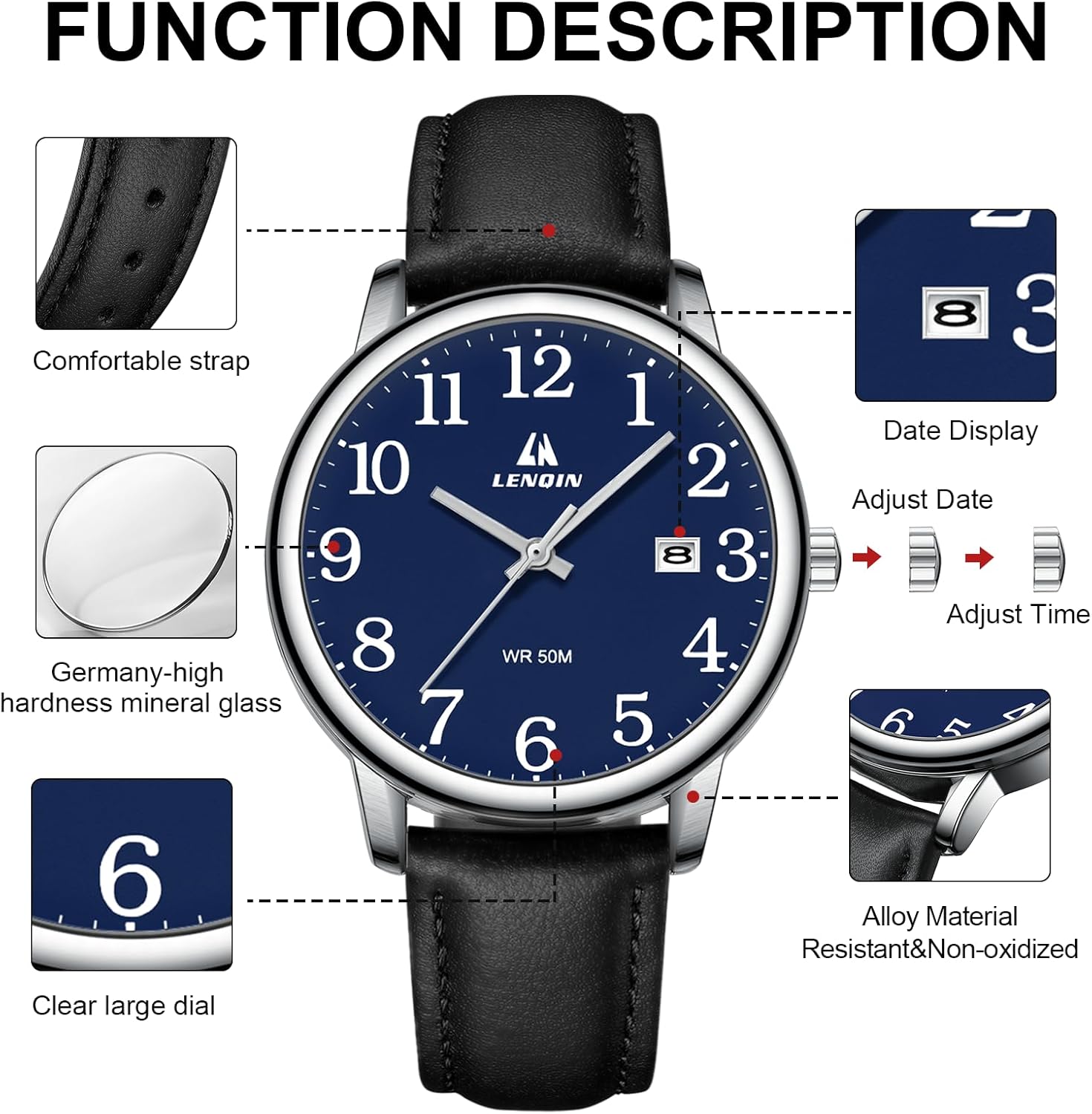 Detalle 2 de Herren Analog-Quarzuhr 38 mm mit Datum, 3 ATM wasserdicht – Easy Reader mit Lederarmband