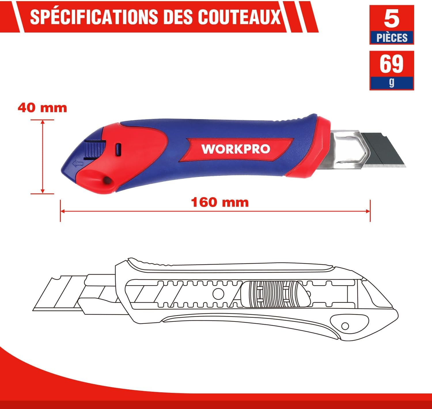 Thumbnail 1 de WORKPRO Cutter pro 18 mm lot de 5 avec lames SK5 🛠️