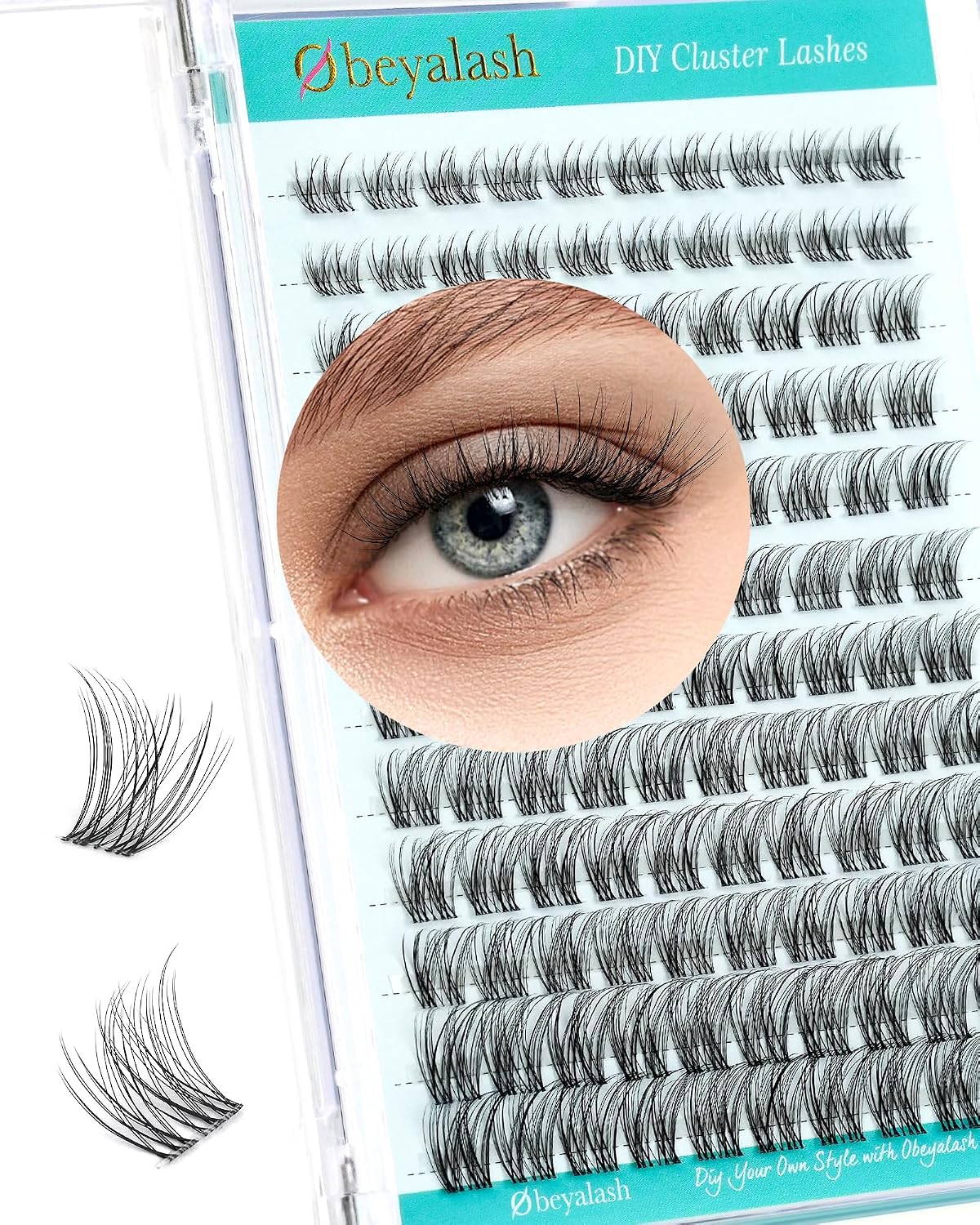 Detalle de Obeyalash Lash Cluster Extensions (C Curl, 8-16 Mix) „Natural Look“ für Cat-Eye – 120 Stück, Clear Band, DIY