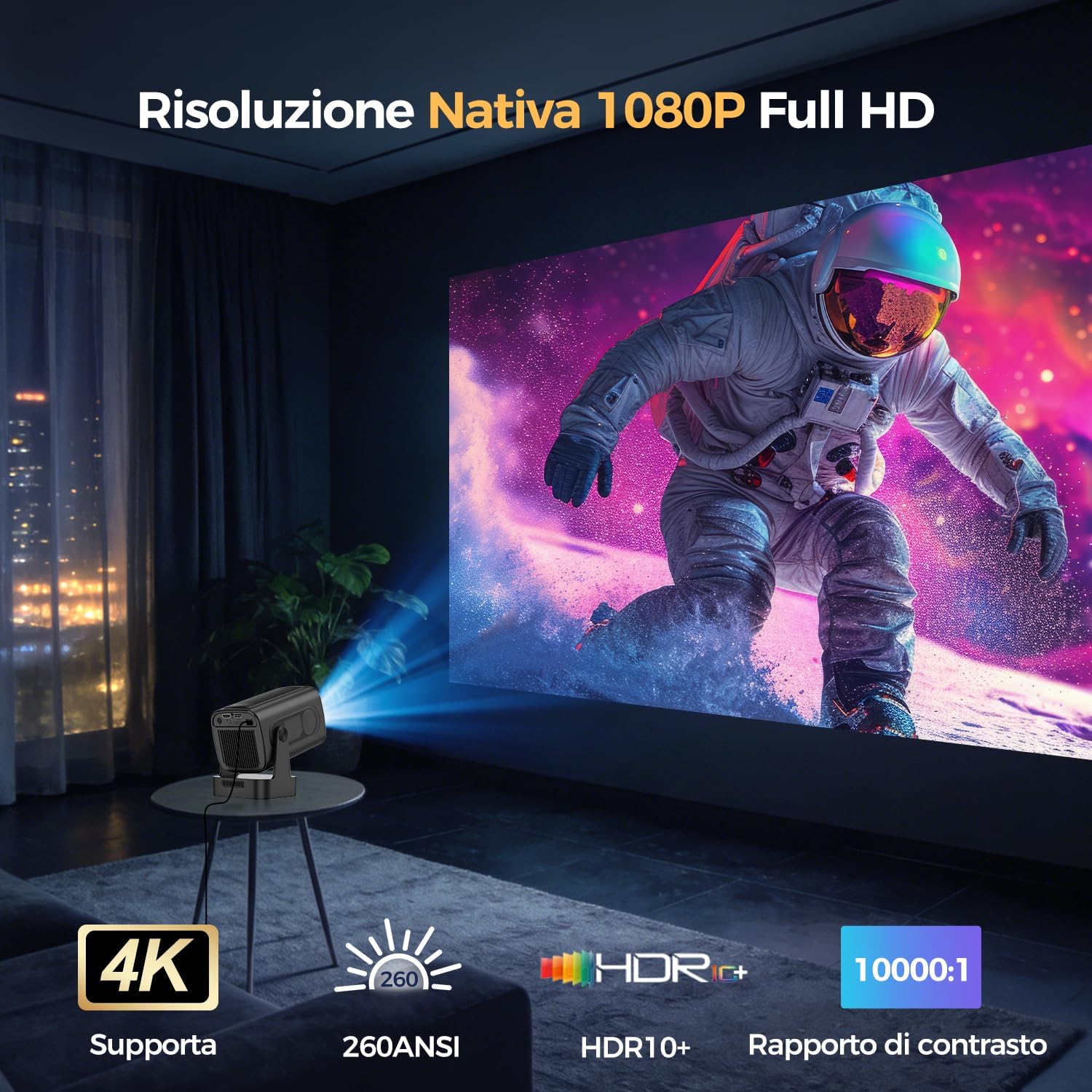 Thumbnail 2 de Alwtniet Proiettore 4K: Portatile, Android 6.0+ con WiFi 6, 260 ANSI, autofocus e rotazione 180°