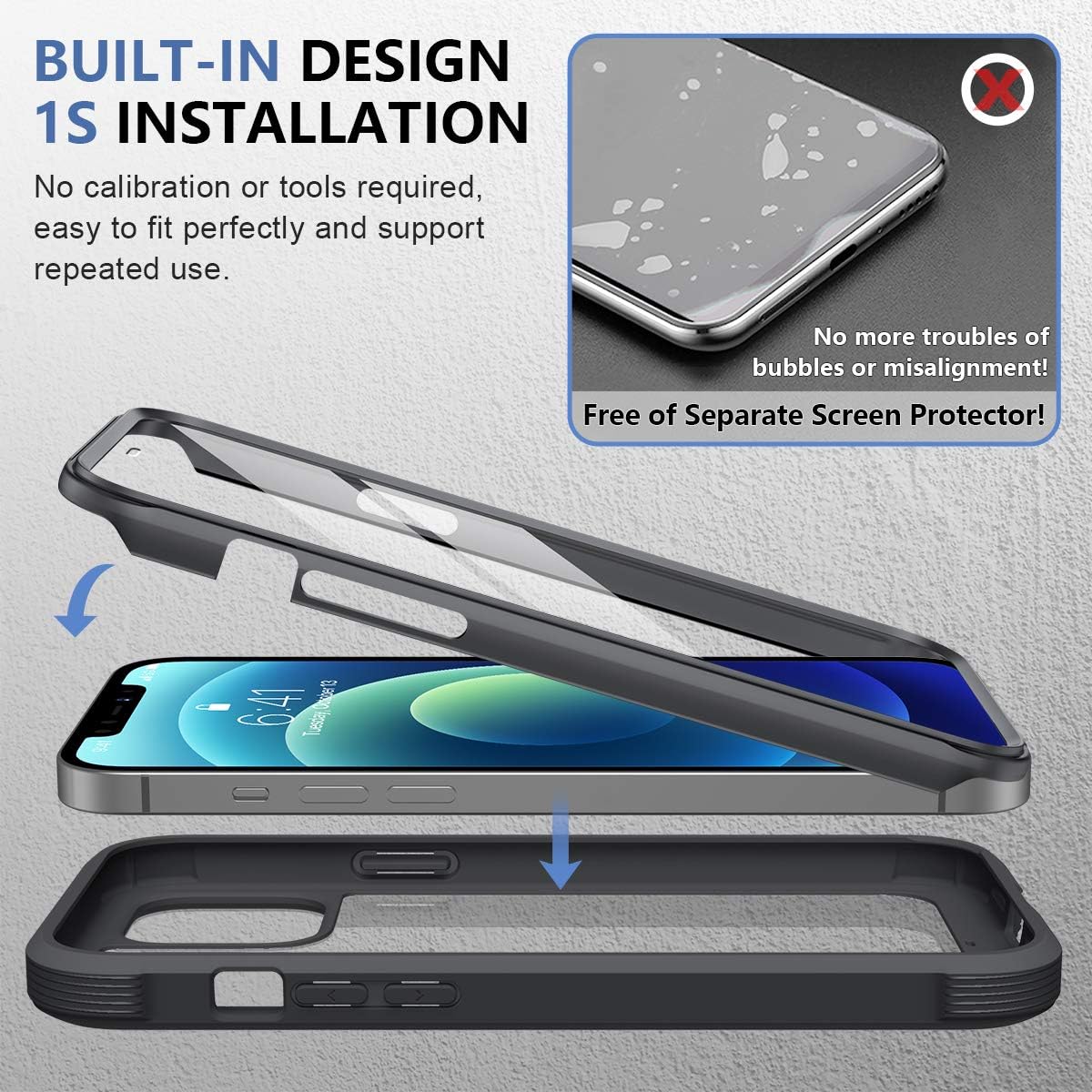 Detalle de Miracase iPhone 12 / 12 Pro 6.1-inch Case with Built-in Tempered Glass Screen Protector (Full Body, Black)