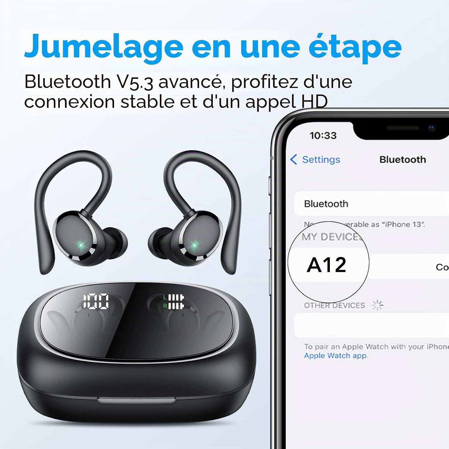 Detalle de Ecouteurs Bluetooth sans Fil Sport – Casque 5.3, 72H d’autonomie, IPX7 et ANC ENC