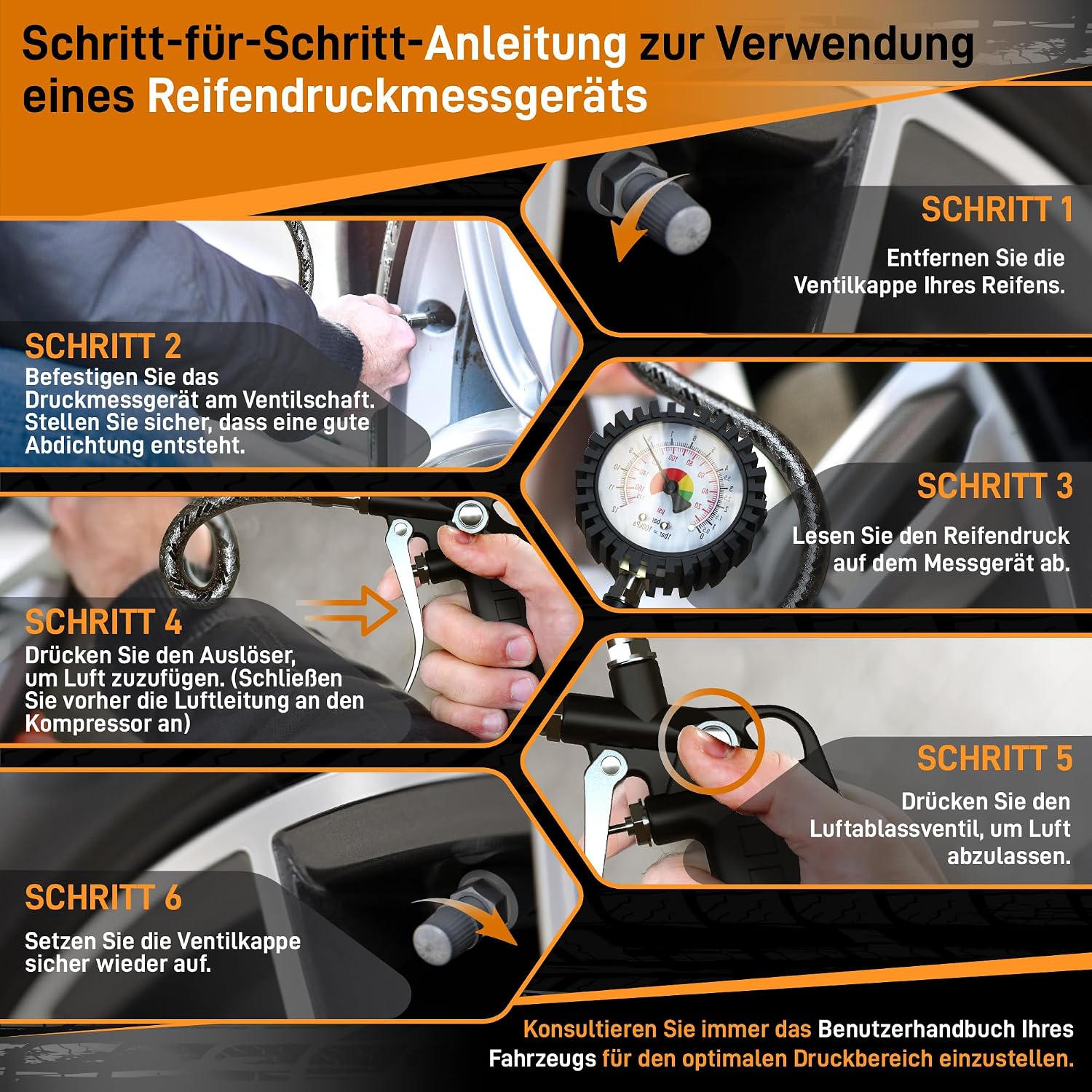 Detalle 2 de Hardtwerk® Reifenfüller Reifendruckprüfer – Reifendruckmesser mit Manometer (0–12 bar) und 304-Edelstahl-Schlauch