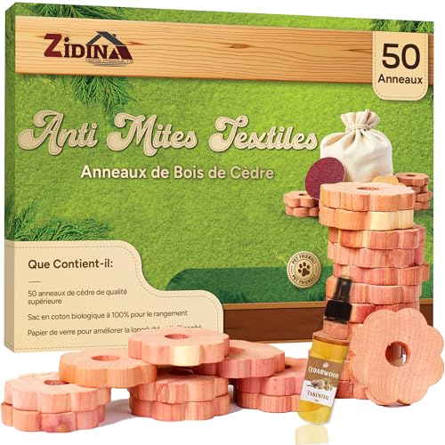 Detalle de Zidina Anti Mites Textiles – Pack de 50 Anneaux pour Vêtements avec Mini Bouteille d'Huile de Bois de Cèdre (4,5 ml)