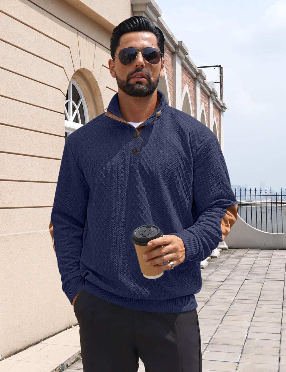 Detalle de QOSOQ Men’s Casual Sweatshirt Pullover Sweater with Stand Collar and Quarter Button
