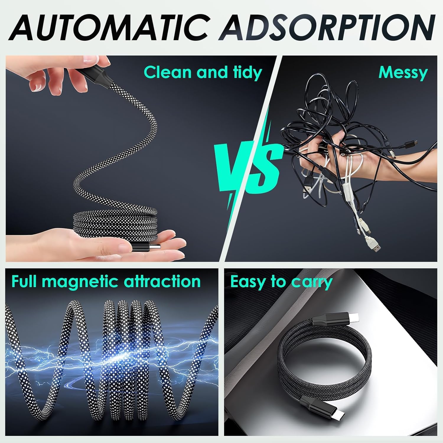 Thumbnail 2 de Magnetic USB-C Cable (Elastic Coiled USB A to USB-C) – 100W Fast Charging, 480Mbps Data, 1m Braided Nylon