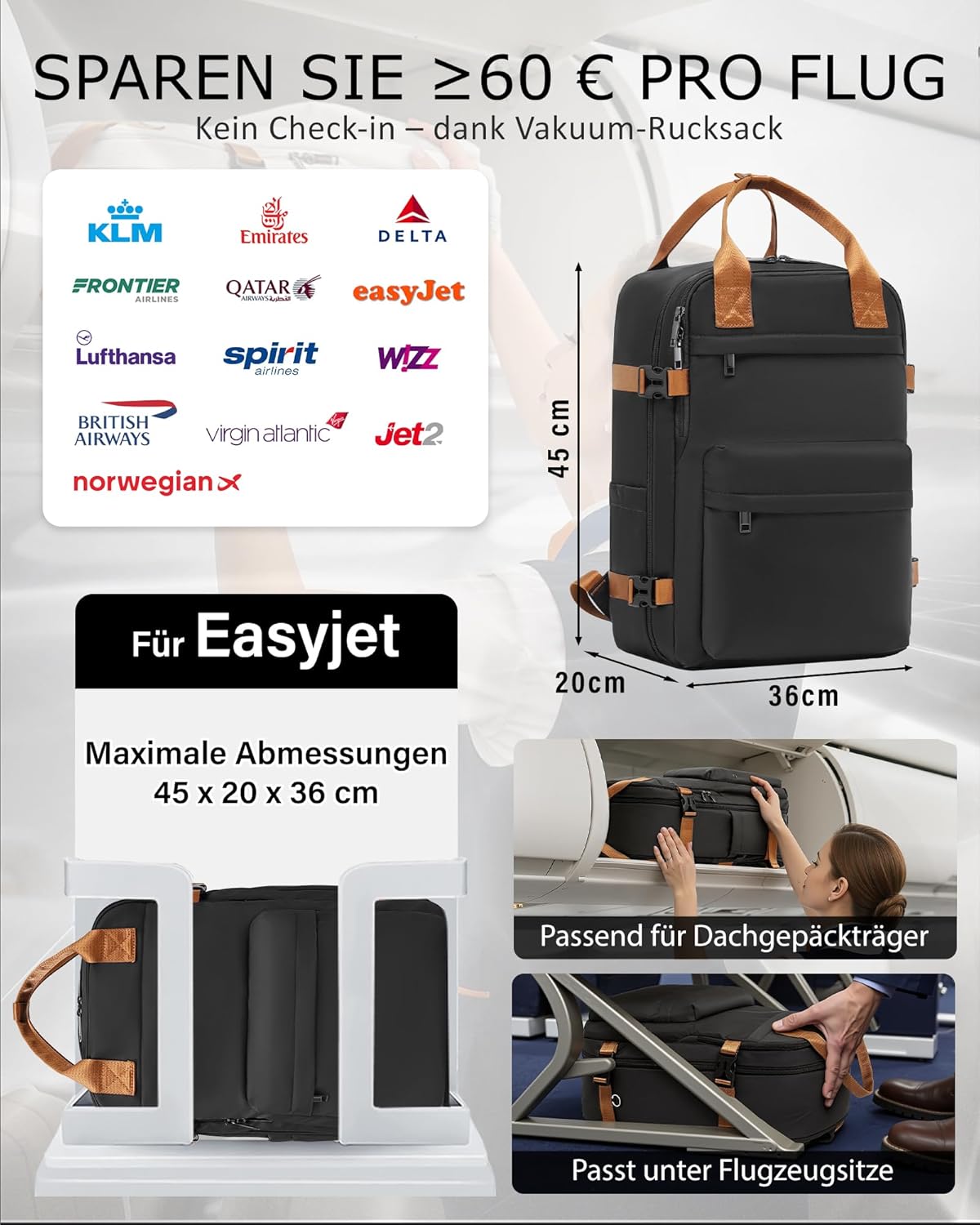 Detalle 2 de COOLIFE Vakuum Rucksack Easyjet 45x36x20