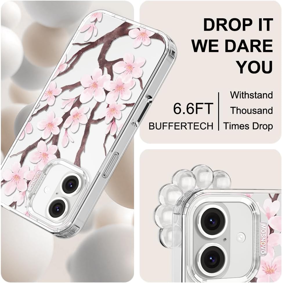 Thumbnail 4 de MOSNOVO Case for iPhone 16 Plus with Buffertech 6.6ft Protection – Cherry Blossom Clear TPU Bumper