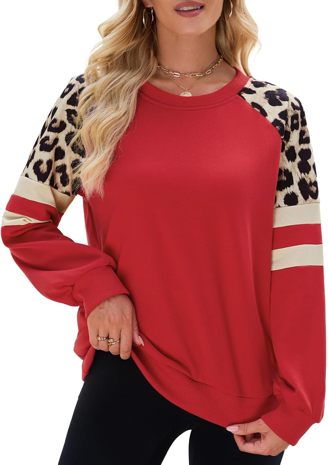 Thumbnail 6 de Quatrefox Damen Baumwoll-Sweatshirt Leopard Farbblock Langarm Rundhals