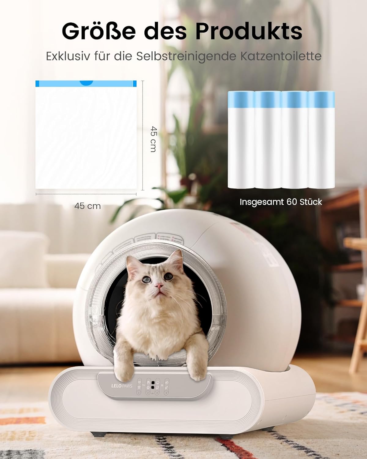 Detalle 2 de LELO PAWS Katzentoilettenbeutel mit Zugbändern – 45 x 45 cm, blau, 60 Stück (4 Rollen)