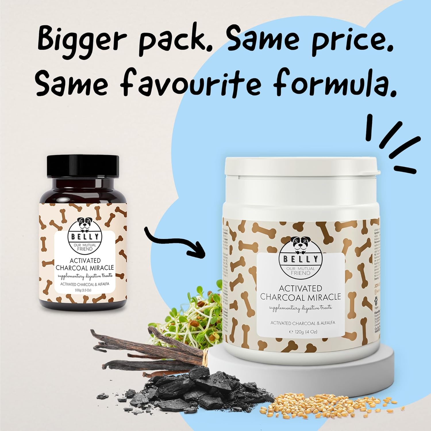 Detalle de Belly Natürliche Kohletabletten für Hunde – Aktivkohle mit Antioxidantien, Vitaminen und Mineralien (vegan, 100 g)
