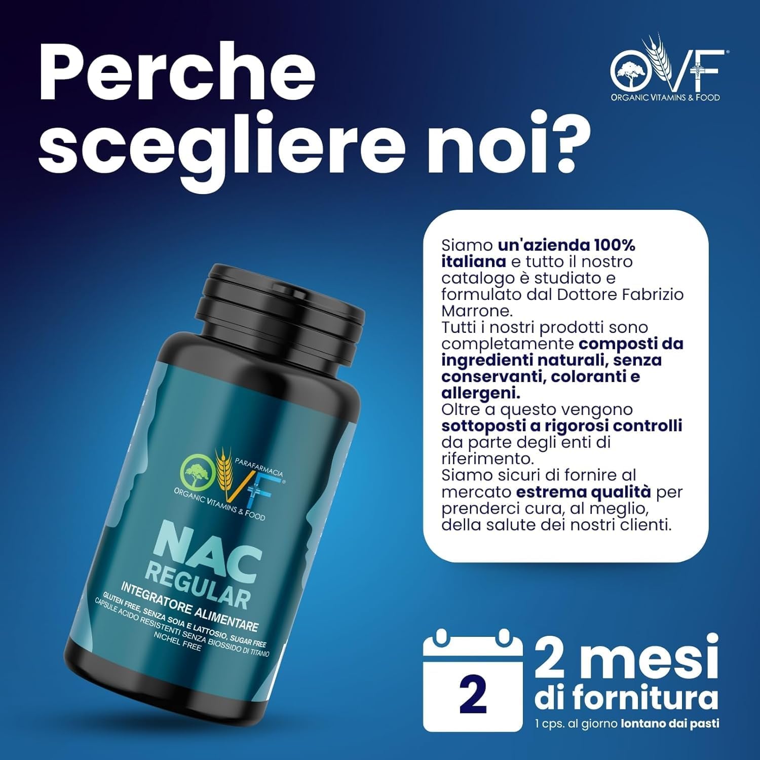 Detalle 2 de OVF NAC 600 mg - N-acetilcisteina 60 capsule, 2 mesi di fornitura, senza glutine e senza lattosio