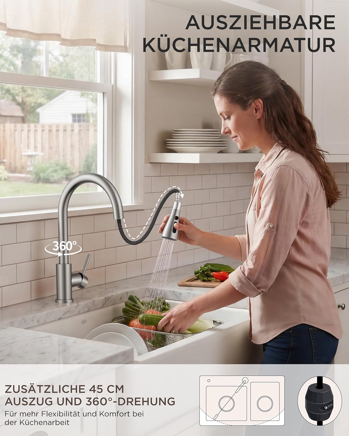 Detalle de FORIOUS Küchenarmatur Niederdruck mit herausziehbarer Brause – Edelstahl 304, 360° Schwenkbar, 3 Anschlüsse, ABS Sprühkopf, G3/8