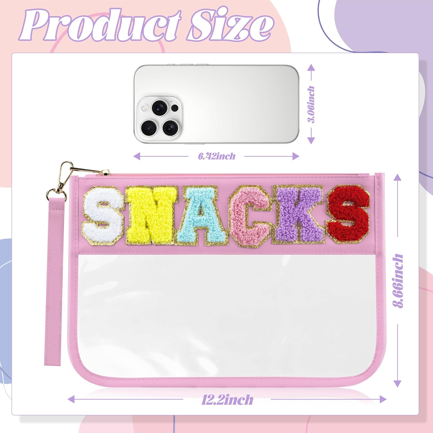 Thumbnail 1 de Buycard Pink Chenille Letter Patch Snack Bag for Travel: Waterproof, Zippered Pouch