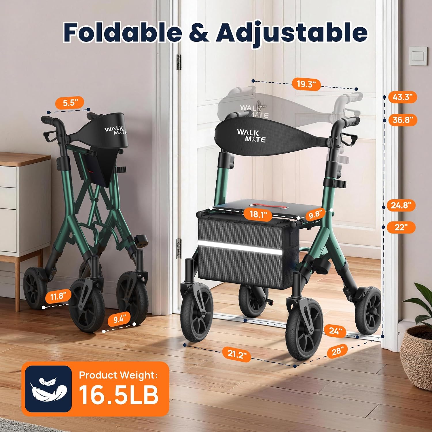Thumbnail 6 de WALK MATE Rollator für Große Menschen bis 2 m – kompakt, höhenverstellbar und leicht