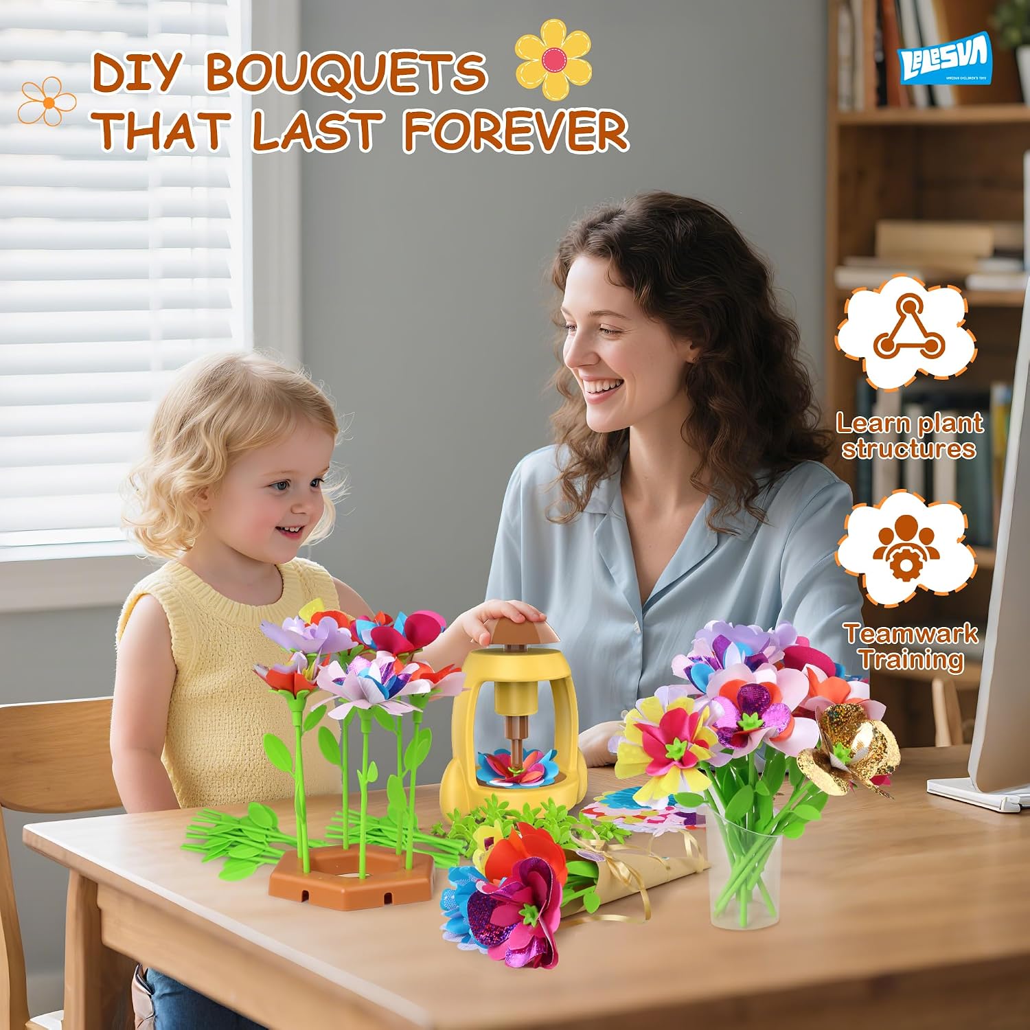 Detalle de LELESUN Kit fai da te con bouquet di fiori di stoffa e pressa per fiori per bambini (4–12 anni)