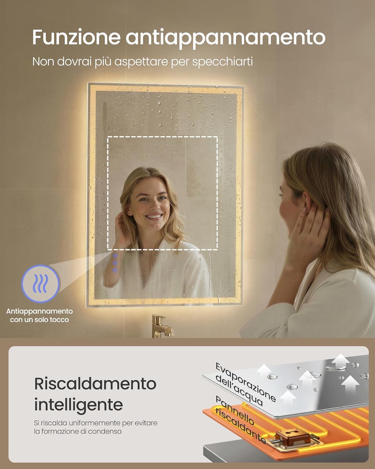 Detalle 2 de SONGMICS Specchio Bagno con Luce LWM210WC02: rettangolare, antiappannamento e luminosità regolabile