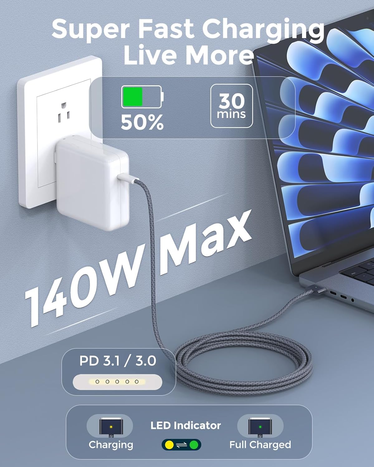 Thumbnail 4 de USB-C to Magnetic 3 Charger Cable (6.6ft) for MacBook Air 13.6" & MacBook Pro 14/16" with Braided Cord and LED