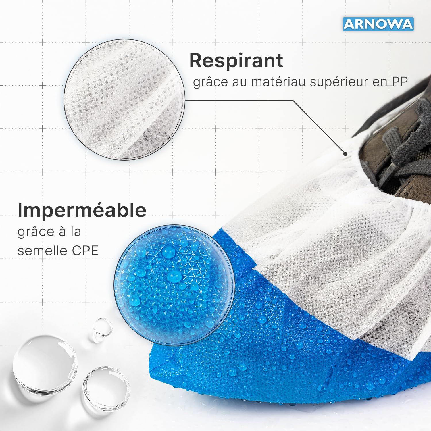 Thumbnail 1 de ARNOMED CPE+PP surchaussures jetables avec semelle CPE bleue (taille unique) – lot de 50