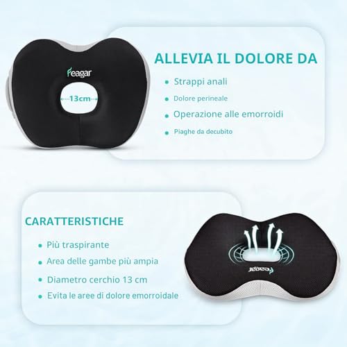 Detalle de Feagar Cuscino Ortopedico a Ciambella per Sedile (H12) – Supporto e Comfort per Emorroidi, Coccige e Schiena