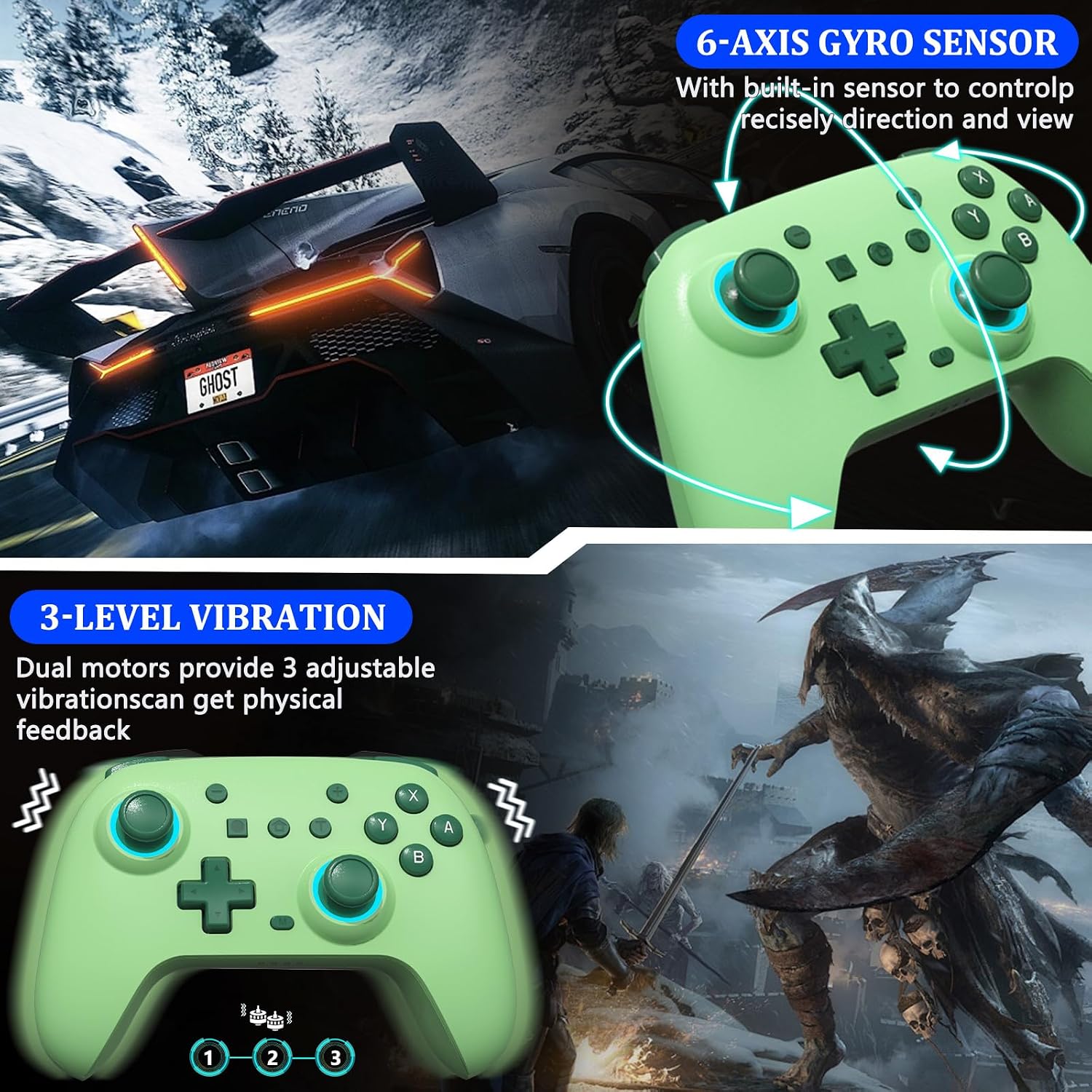 Detalle de SZYUYU Switch Controller for Switch 2 / Pro Controller with 7-Color LED, Turbo, Gyro, and Hall Effect Sticks