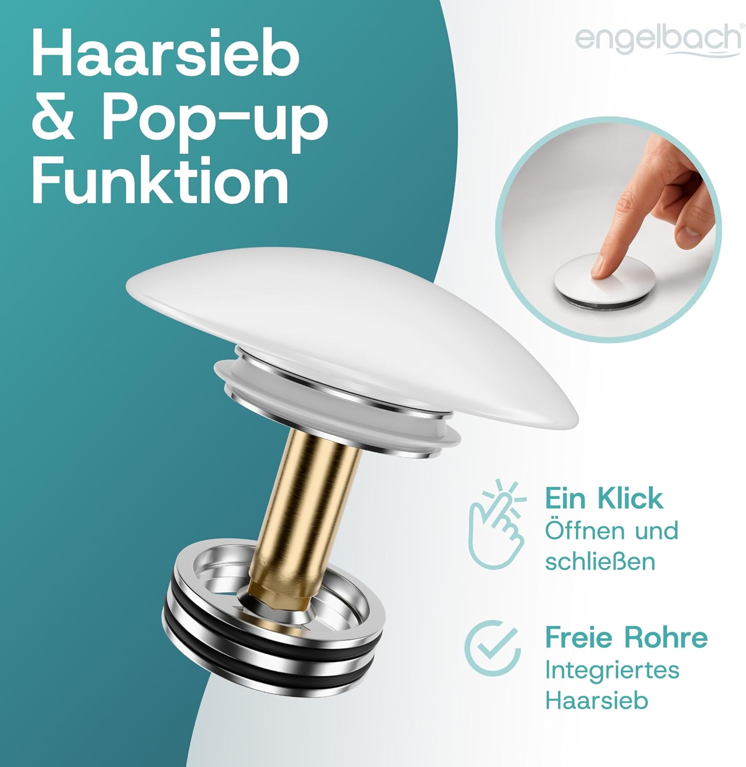 Detalle de Engelbach Universal Waschbecken Ablaufgarnitur – Pop Up Ventil ohne Überlauf, ausziehbarer Stöpsel mit Haarsieb inkl. Anleitung