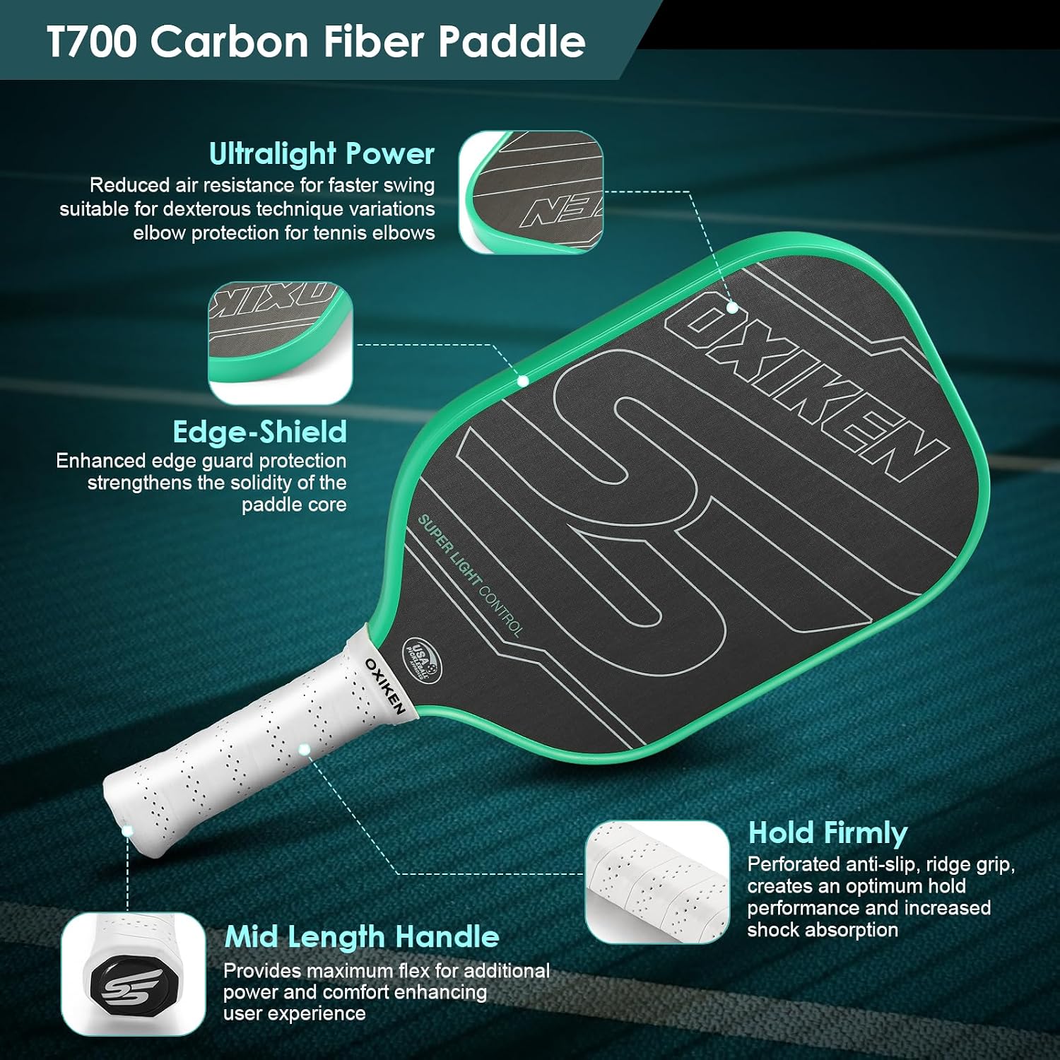 Detalle de OXIKEN pickleball paddle T700 carbon fibre