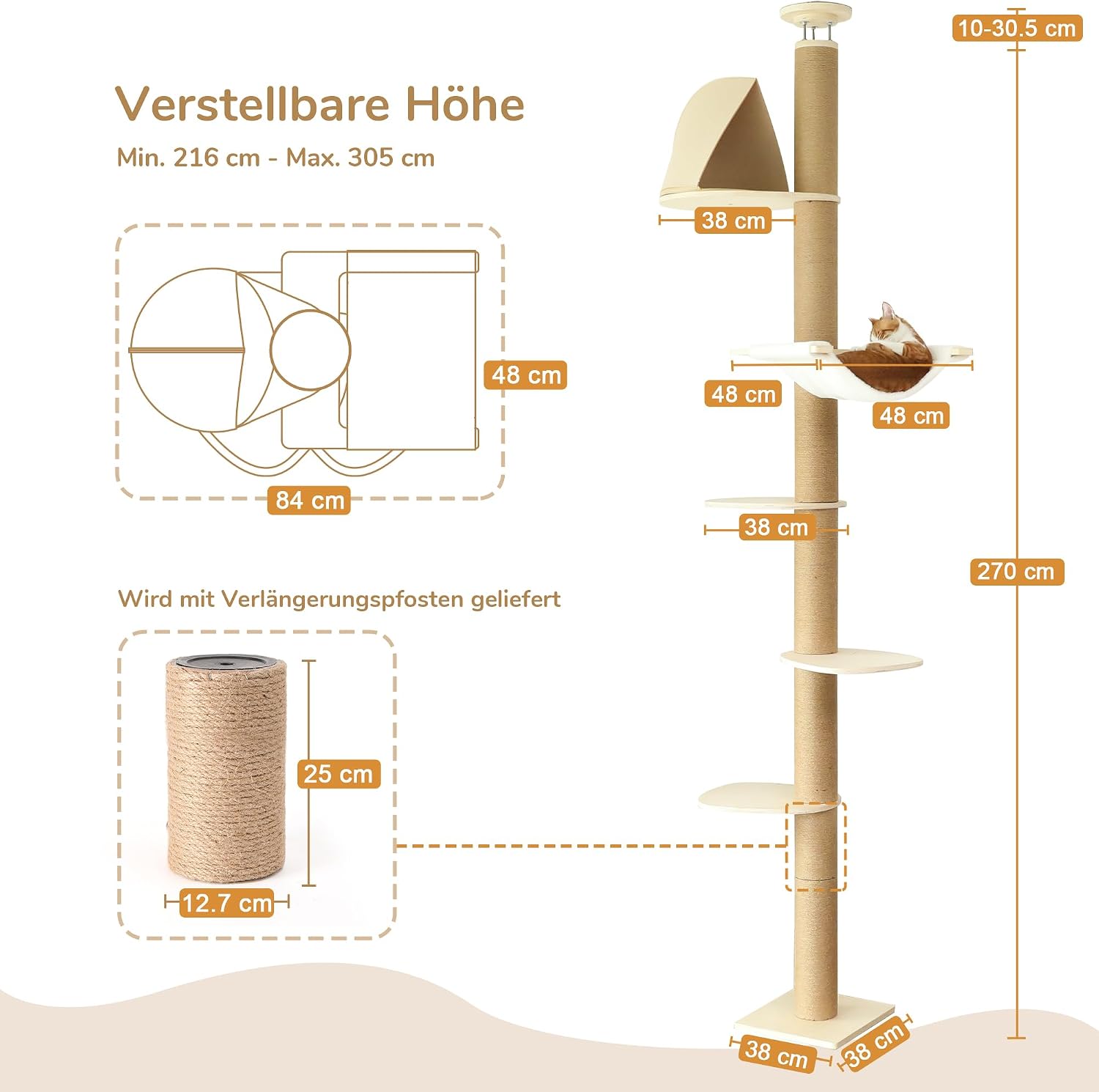 Detalle de FUKUMARU Kratzbaum mit 6 Etagen bis zur Decke, wandmontiert, beige
