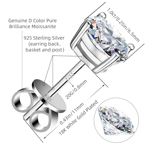 Detalle de Kosuwo Moissanite Stud Earrings 2.0CT in 18K White Gold Plating on S925 Silver — DF Color, VVS1, 1.0ct Each (Men & Women)