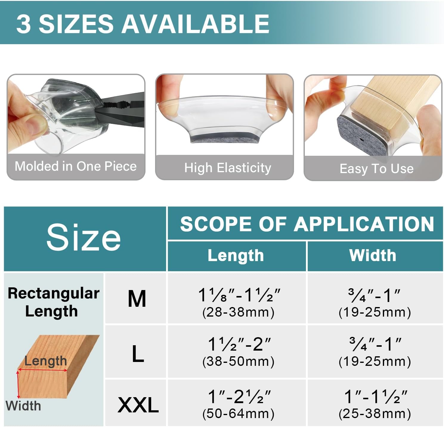Thumbnail 4 de 24 Pcs Rectangular Silicone Felt Chair Leg Protectors for Hard Floors (L 28–38mm, W 19–25mm)