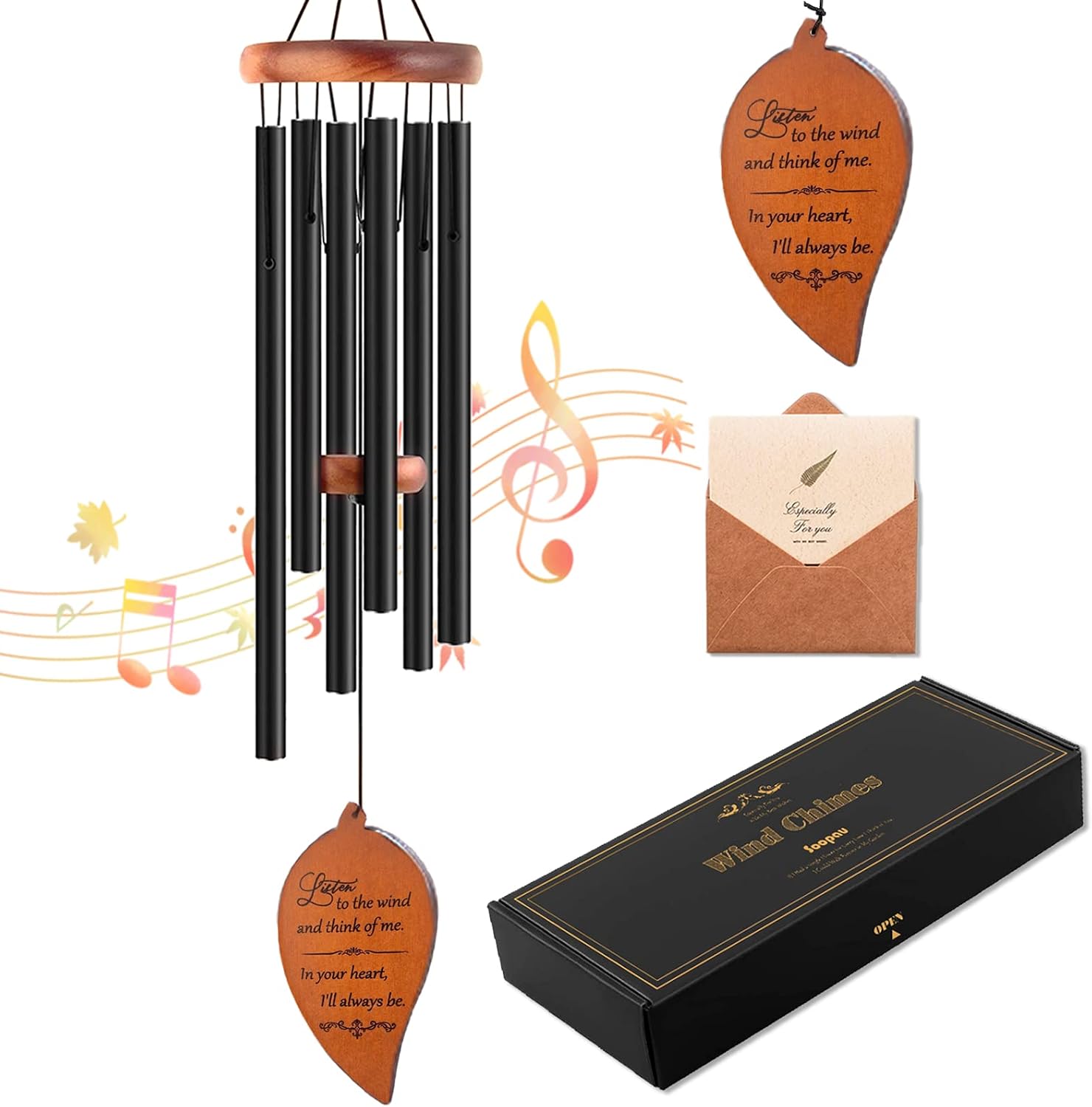 Detalle de Soopau Soopau-220613 B-Black Leaf Memorial Wind Chime, 6 Black Tubes